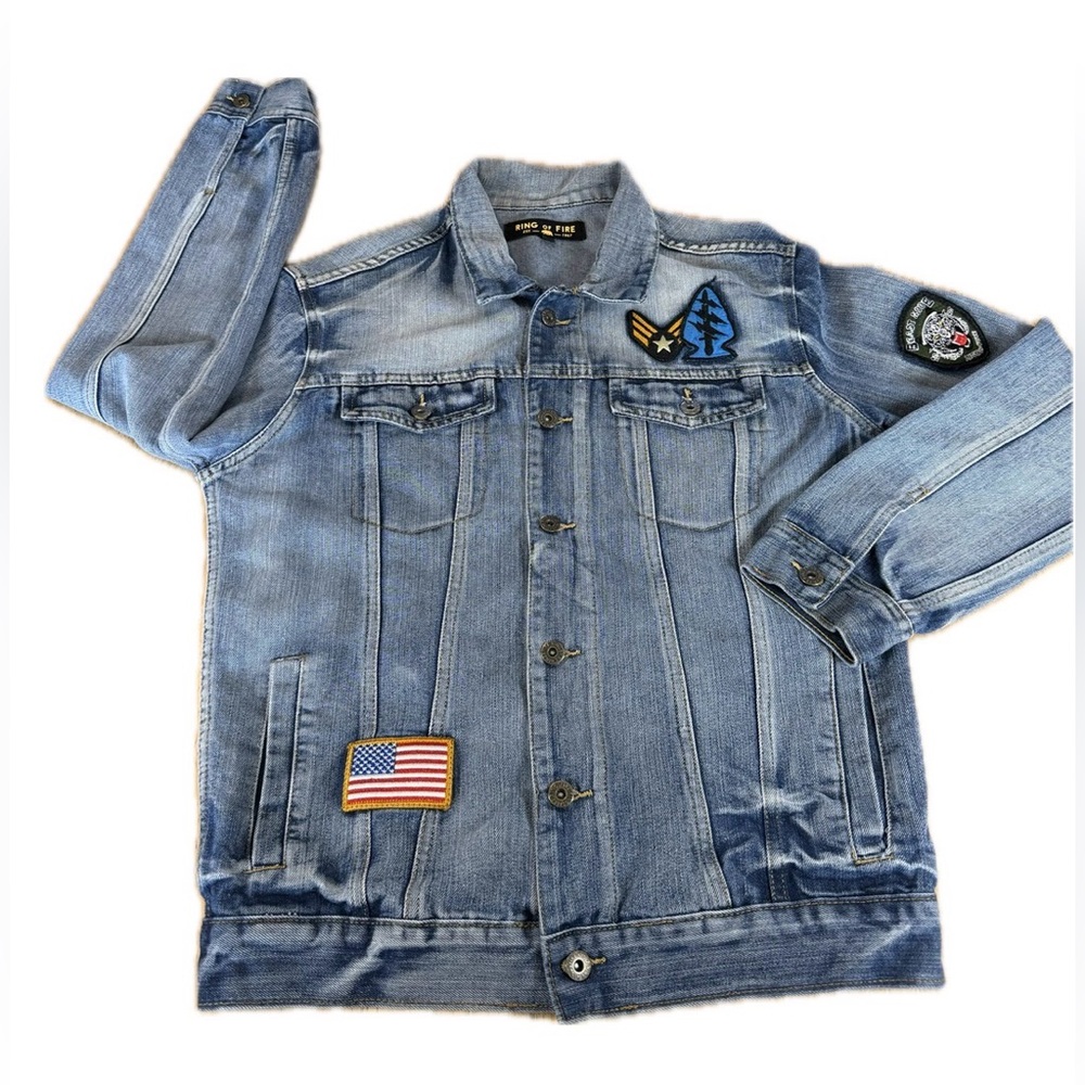 Ring Of Fire Men’s Jean Denim Jacket Retro Style Patches Size Medium